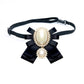 Black belt accessory with bow brooch: oval pearl center, small pearl drop, rhinestone trim