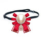 Red bow brooch belt accessory with oval pearl center and small pearl drop, rhinestone trim