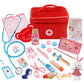 Red storage medical kit with doctor tools, patient cards, and stethoscope