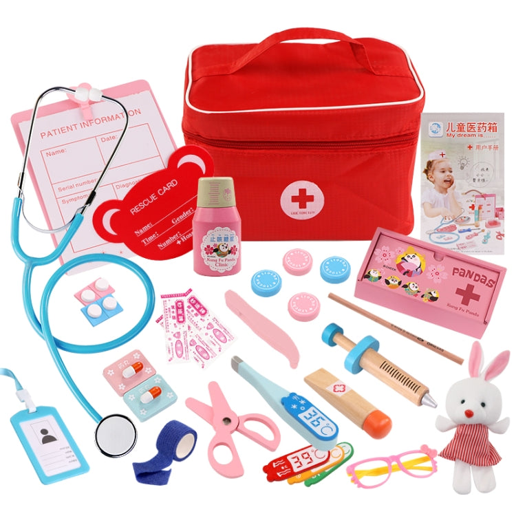 Red storage medical kit with doctor tools, patient cards, and stethoscope