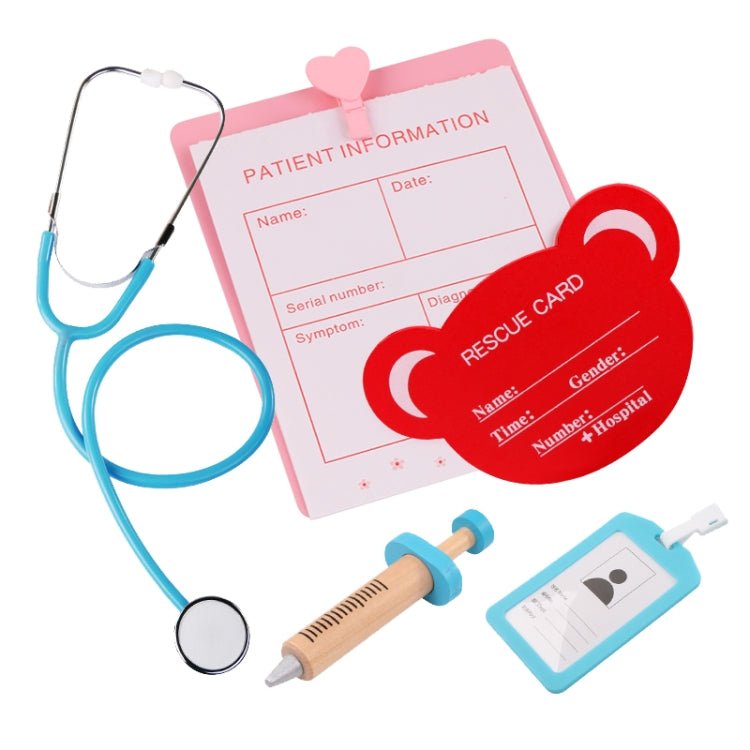 Patient information cards, rescue heart card, stethoscope, and toy medical tools