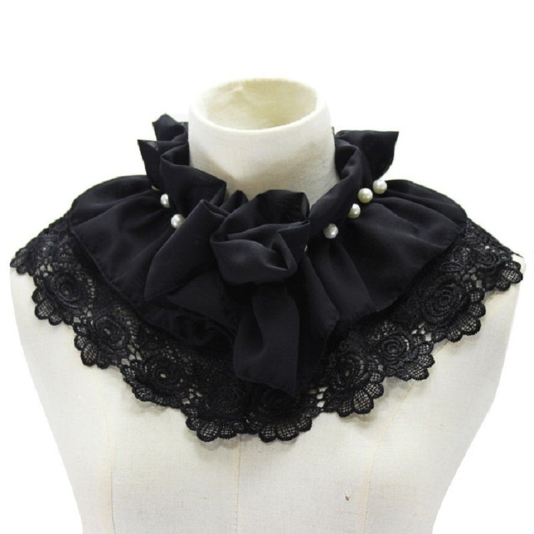 Black ruffle chiffon fake collar with lace trim and pearl flower accents