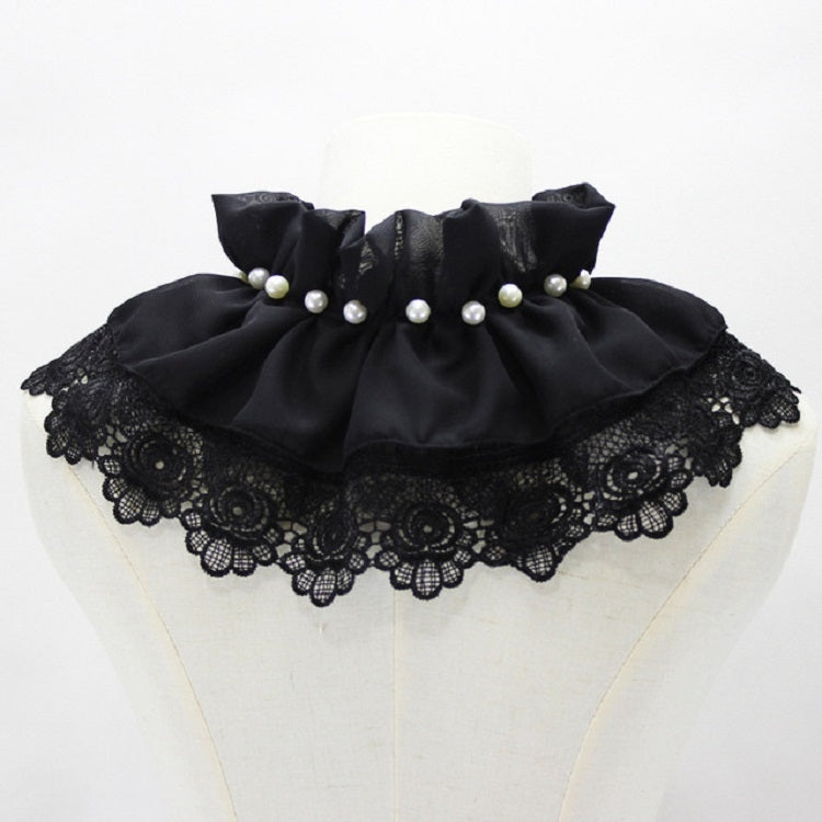 Black fake collar shawl with layered ruffles, scalloped lace trim, and pearl studs