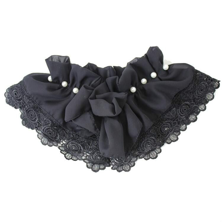 Black ruffle chiffon fake collar with lace scalloped edge and pearl bead drops