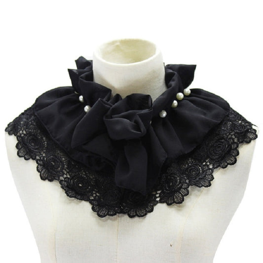 Black ruffle chiffon fake collar with lace trim and pearl flower accents