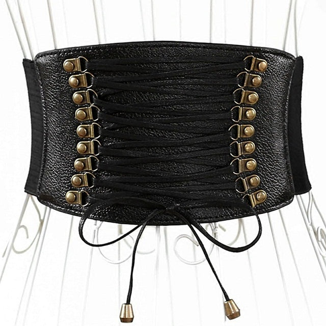 Black wide elastic tassel belt with lace-up cords and gold-tone metal eyelets