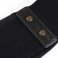 Black textured wide belt with stitched edge and round metal snap buttons