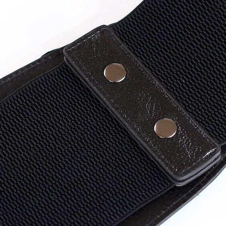 Black textured wide belt with stitched edge and round metal snap buttons