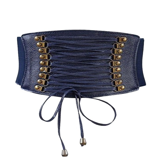 Navy blue wide elastic tassel belt with lace-up cords and gold-tone metal eyelets