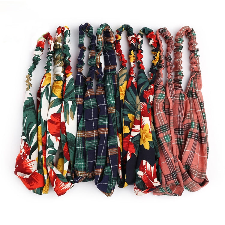 5-pack women’s cross headbands with floral, plaid, and patterned fabric