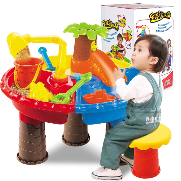 Kids beach sand table toy set with tree centerpiece, colorful plastic tray and tools