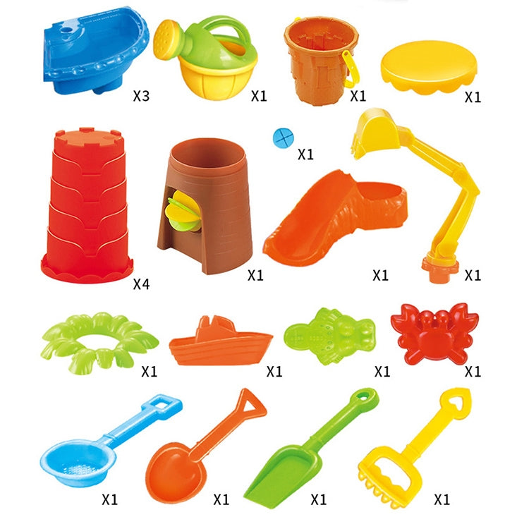 Assorted beach sand table accessories: shovels, molds, cups, and pieces in assorted colors
