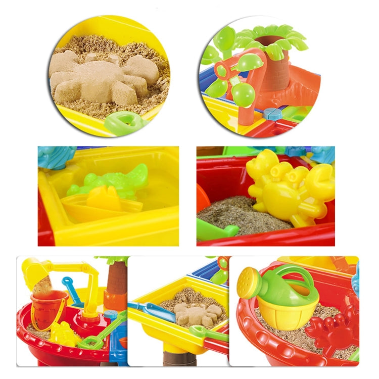 Collage of kids beach sand table toy accessories with sand molds and figure pieces