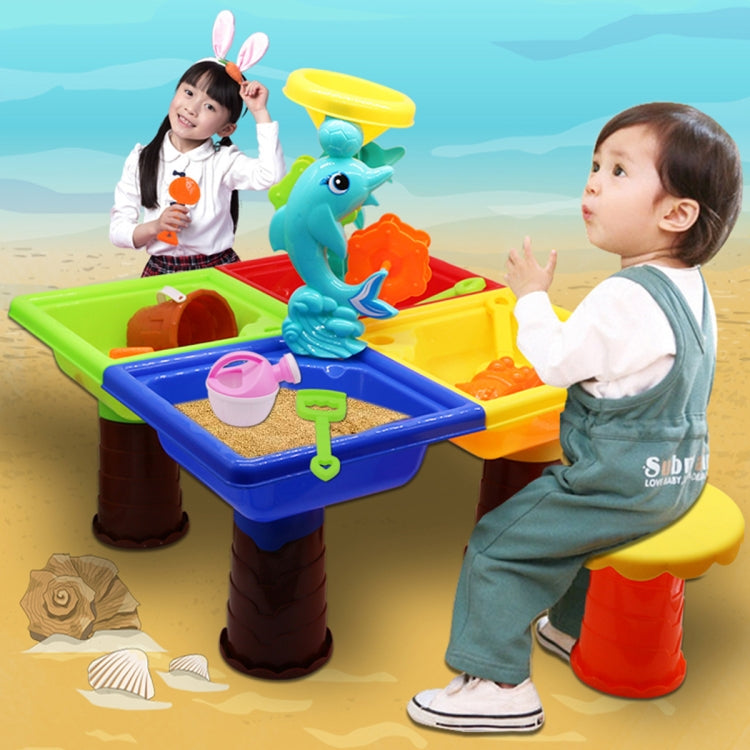 Kids beach sand table toy set with dolphin figure and square tray, colorful plastic tools