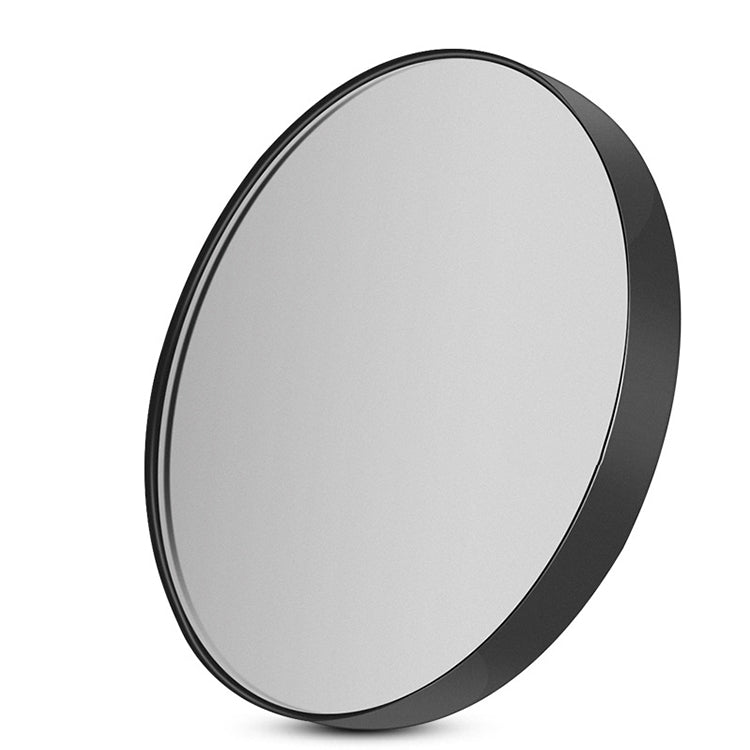 Black oval-angled round makeup mirror with reflective lens and curved frame