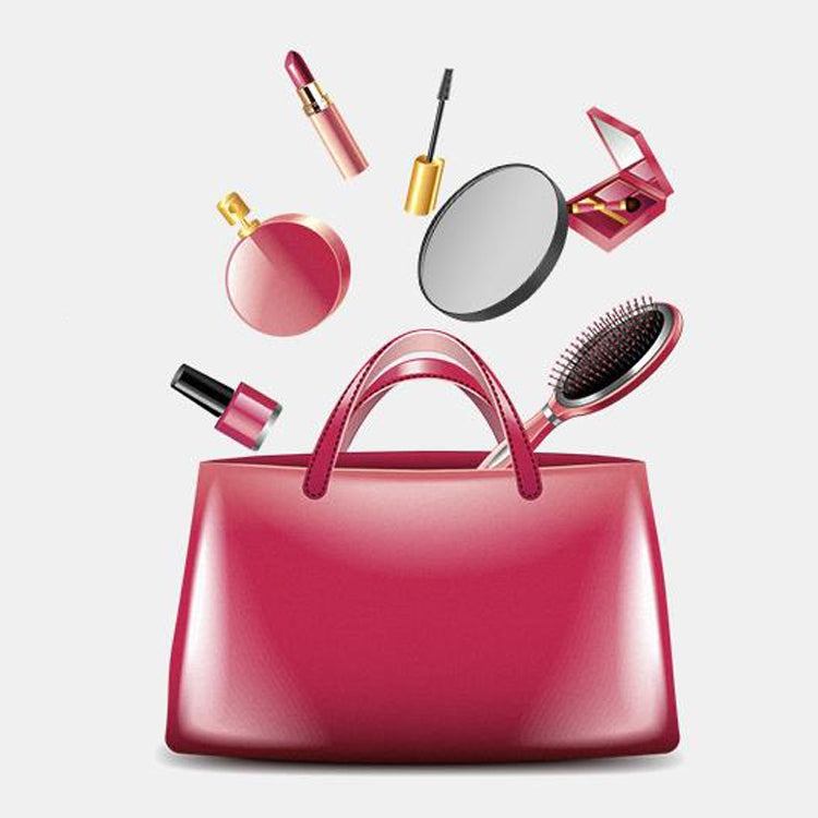 Black round makeup mirror among vanity makeup accessories