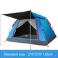 3-4 person automatic camping tent with black interior, sky-blue rainfly, and gray skirt