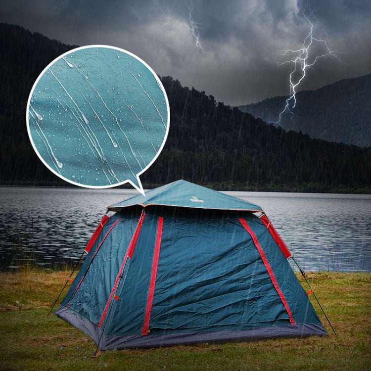 Blue automatic camping tent with red support straps and dark interior canopy