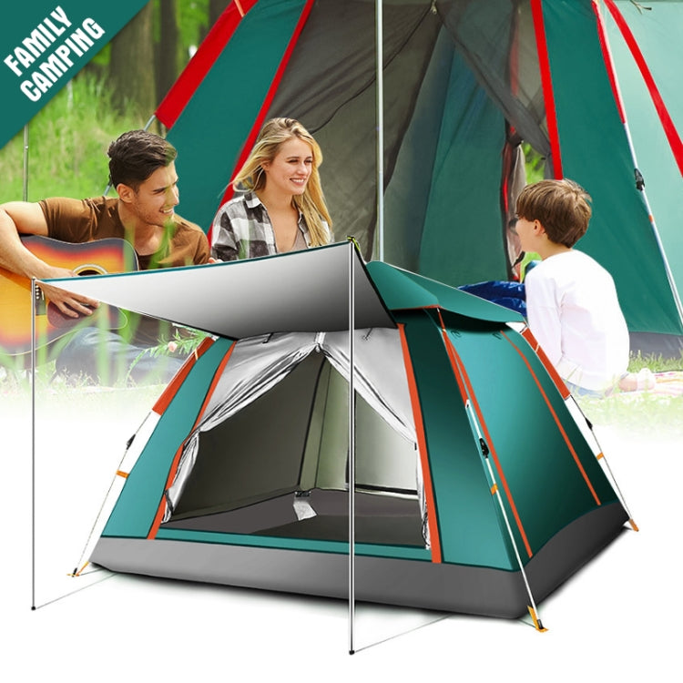 Dark green automatic camping tent with red-striped rainfly and open front entrance