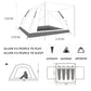 Automatic camping tent layout diagram with open 4-sided design and labeled dimensions
