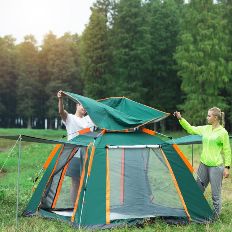 Open dark green dome tent with orange support poles and mesh windows