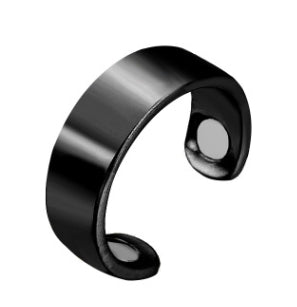 Glossy black open cuff ring with three magnetic disc accents on the inner band