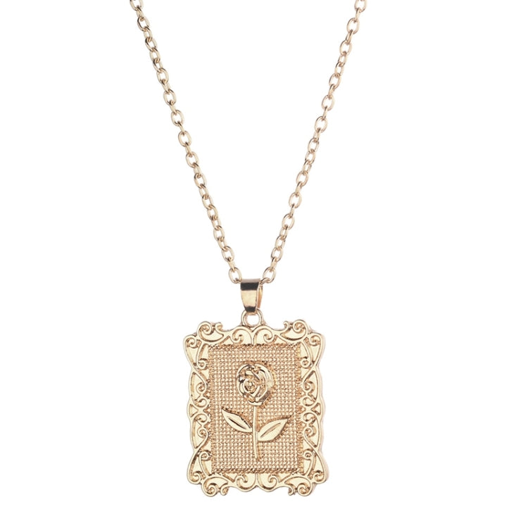 Gold geometric square rose pendant necklace with ornate scrollwork, front view