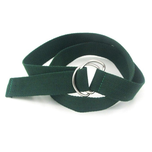 Unisex canvas waist belt in dark green with double-ring buckle and strap loops.