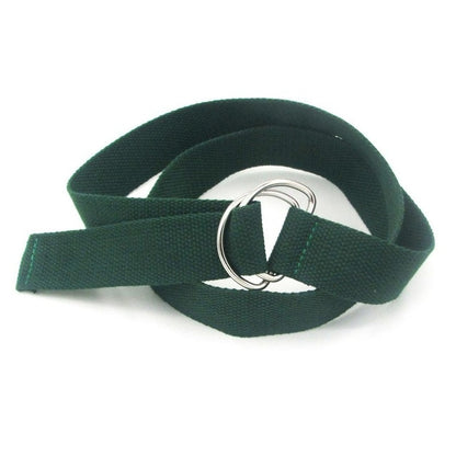 Unisex canvas waist belt in dark green with double-ring buckle and strap loops.
