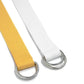 Unisex canvas waist belt in yellow and white, each with silver double-ring buckle.