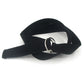 Unisex canvas waist belt in black with silver double-ring buckle and woven strap.
