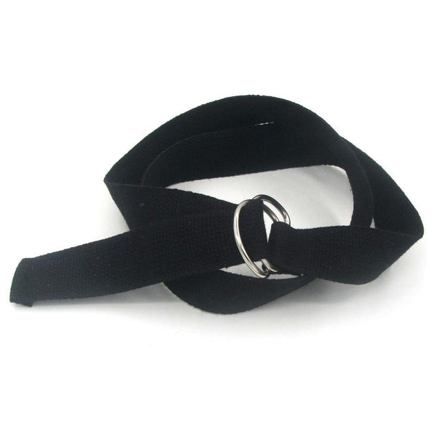 Unisex canvas waist belt in black with silver double-ring buckle and woven strap.