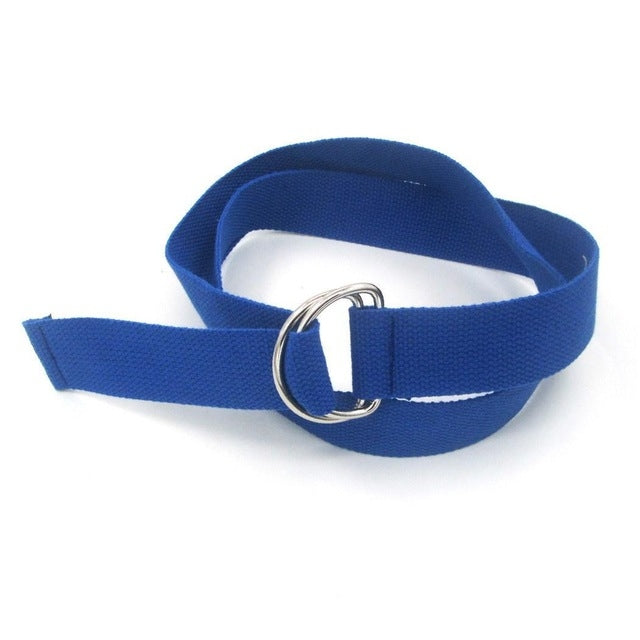 Unisex canvas waist belt in blue with silver double-ring buckle and extended strap ends.