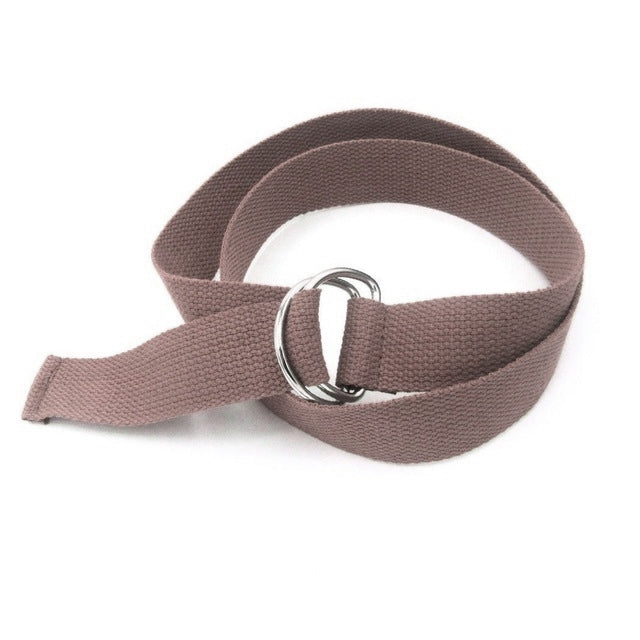 Unisex canvas waist belt in taupe/brown with silver double-ring buckle and woven texture.