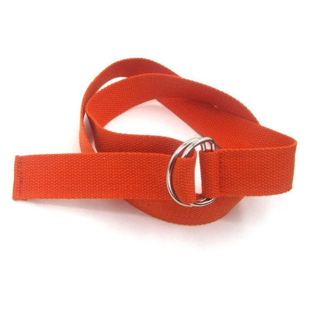 Unisex canvas waist belt in orange with silver double-ring buckle and adjustable strap.