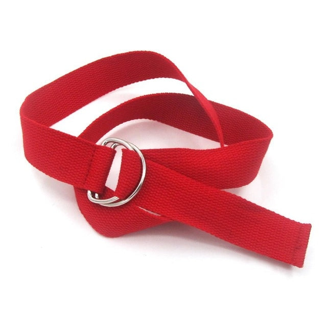 Unisex canvas waist belt, red with double-ring buckle and looped strap