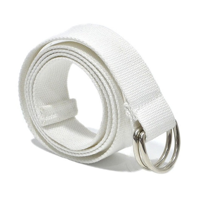 Unisex canvas waist belt, white with double-ring metal buckle and stitched strap