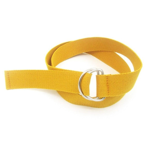 Unisex canvas waist belt, yellow with double-ring metal buckle and woven strap