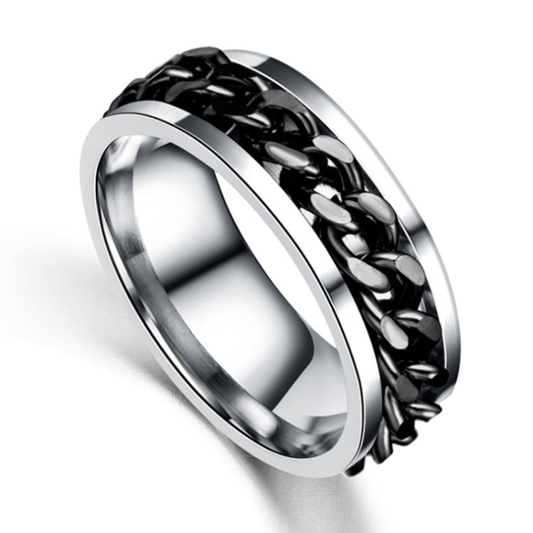 Polished stainless steel ring with black chain-link outer band and smooth inner band