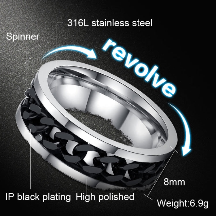 Spinner-style stainless steel ring with black chain-link inlay and high-polish outer edge