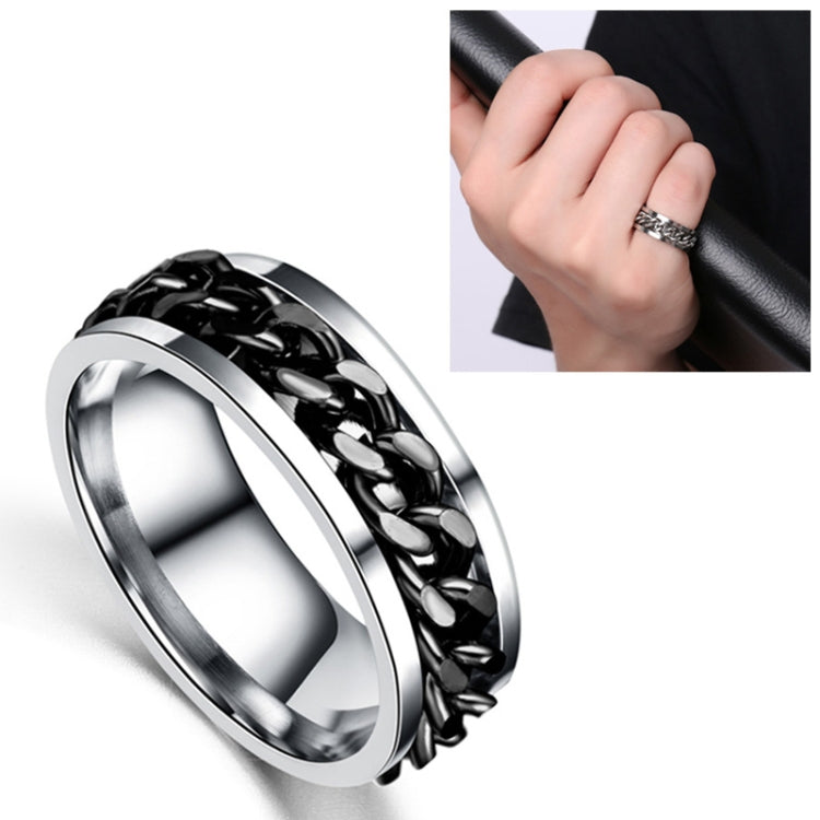 Rotatable stainless steel chain ring with black link band, close-up on white background