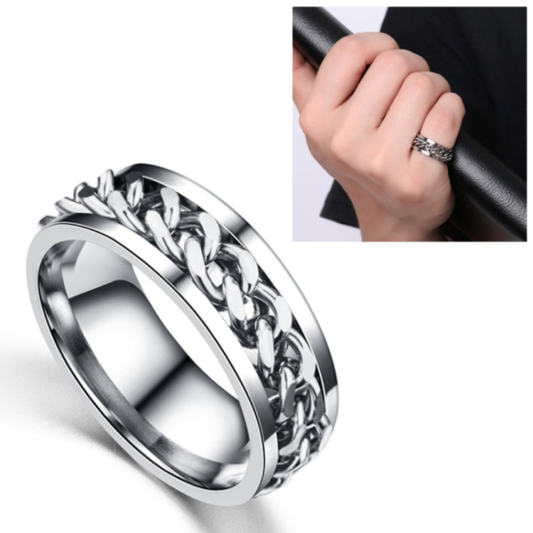 Stainless steel rotatable chain ring, silver tone, angled view with hand wearing it inset