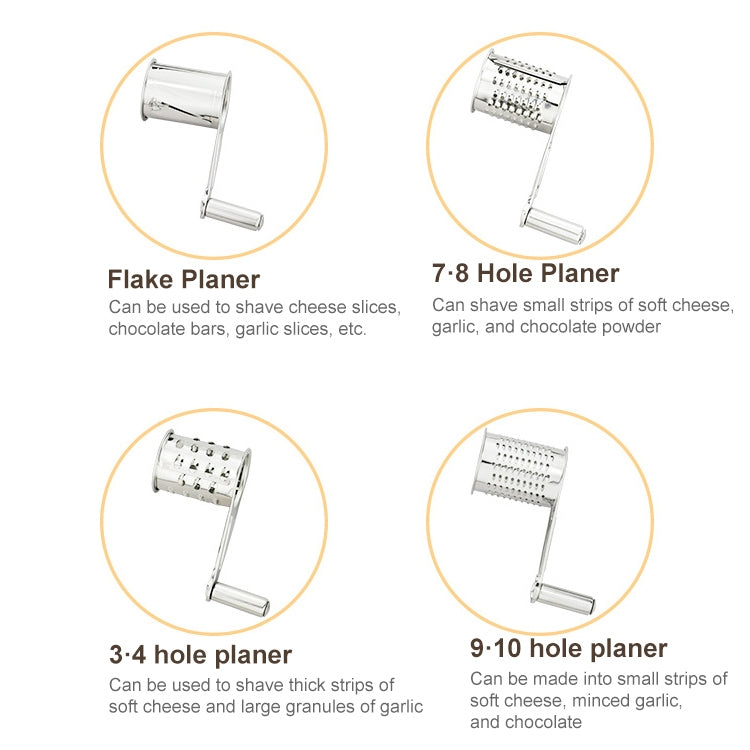 Rotary grater drum heads with different hole sizes and flake cutting inserts