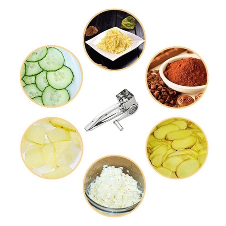 Rotary cheese grater with stainless drum for shredding cheese, vegetables, and chocolate
