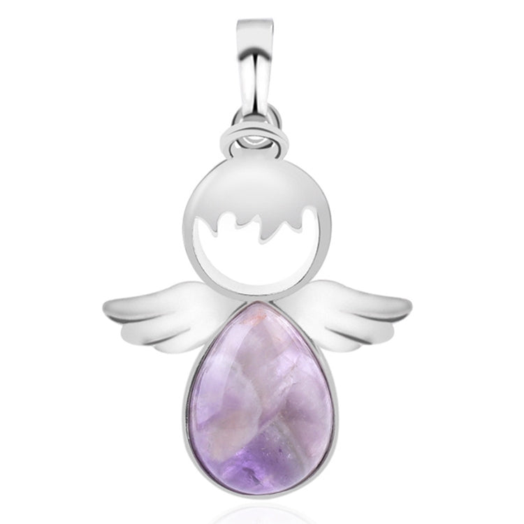 Silver angel wing pendant necklace with amethyst teardrop crystal charm