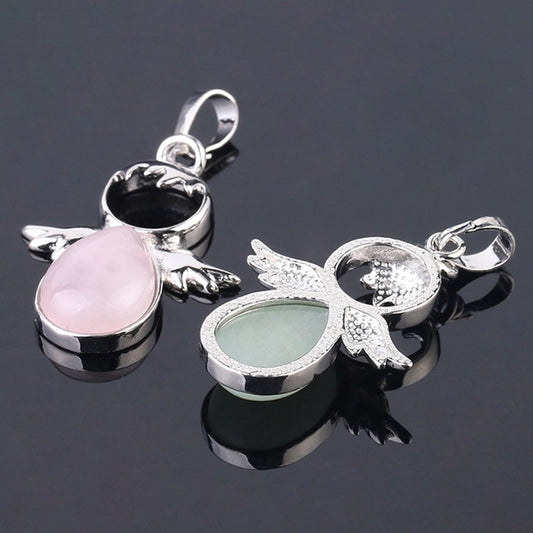 Silver angel wing pendants with pink, teal, and green teardrop crystal stones