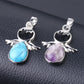 Silver angel wing pendant earrings with blue and purple teardrop crystal stones