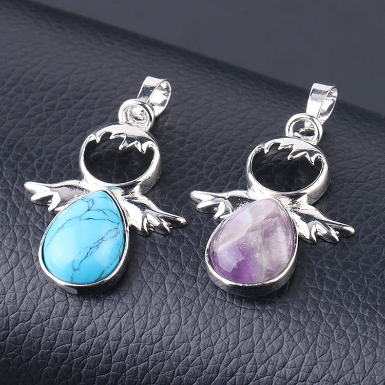Silver angel wing pendant earrings with blue and purple teardrop crystal stones
