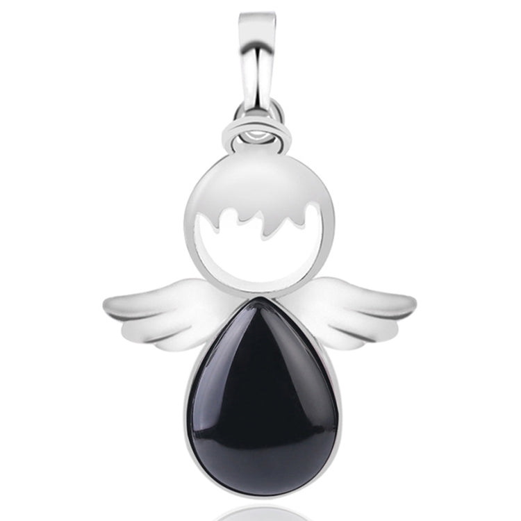 Silver angel wing pendant necklace with dark onyx teardrop crystal charm