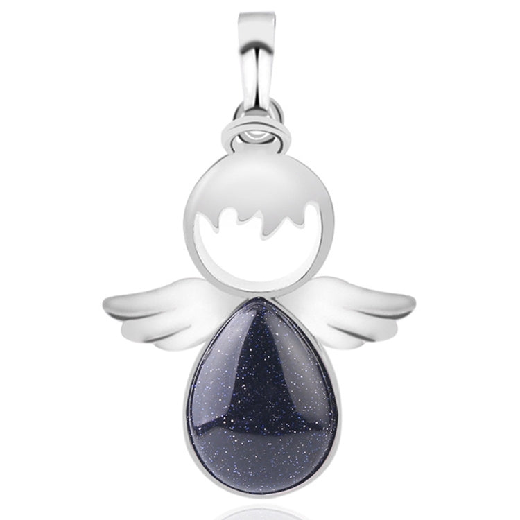 Silver angel wing pendant necklace with dark blue glitter teardrop crystal charm
